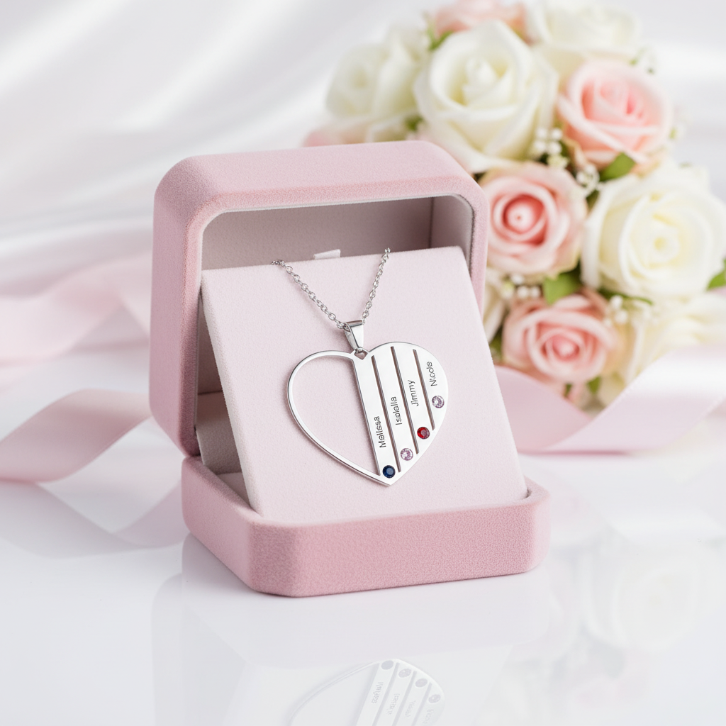 Custom Engraved Family Heart Necklace with Birthstones-Black Diamonds New York