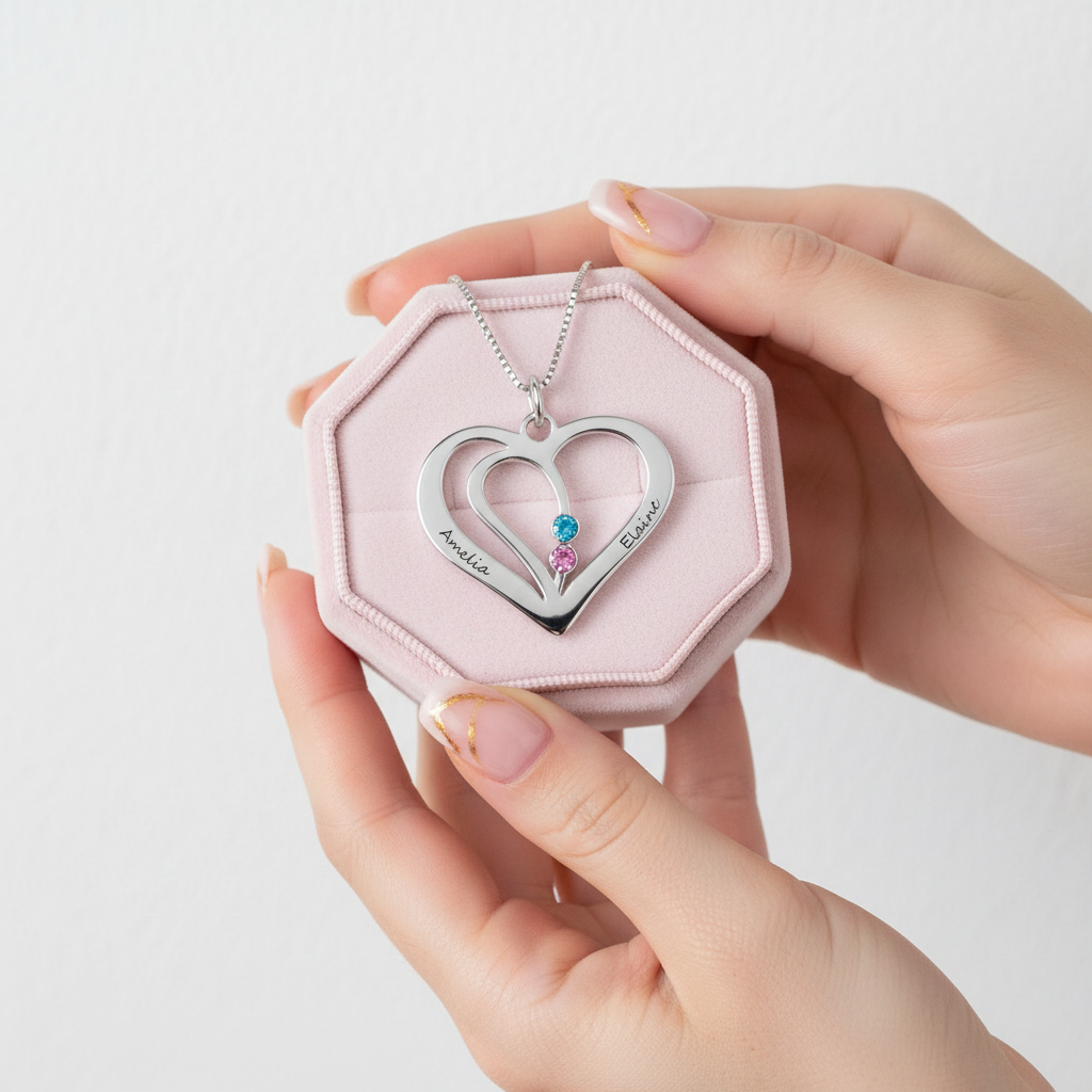 Custom Engraved Name Heart Necklace with Birthstone-Black Diamonds New York