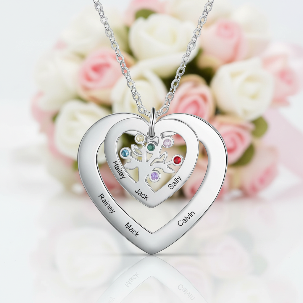 Custom Engraved Name Tree of Life Necklace with 6 Birthstones-Black Diamonds New York