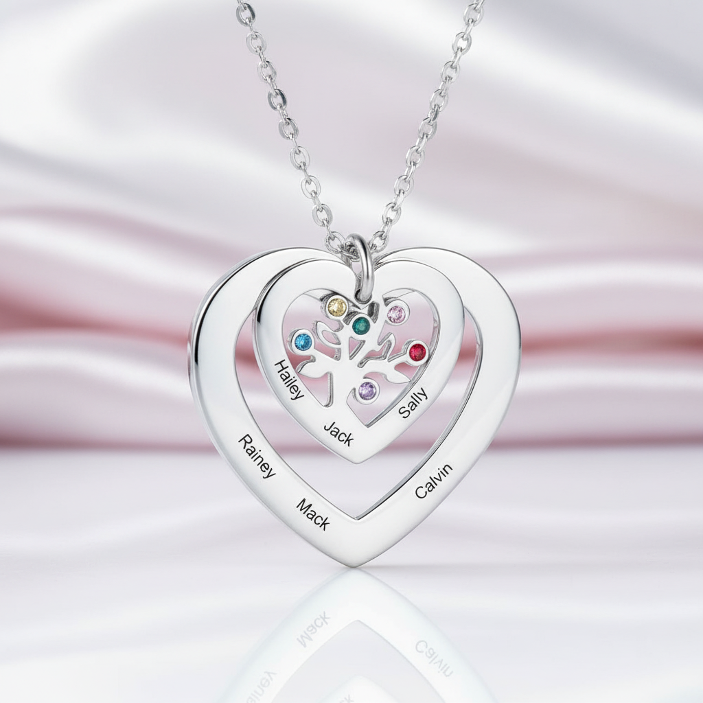 Custom Engraved Name Tree of Life Necklace with 6 Birthstones-Black Diamonds New York