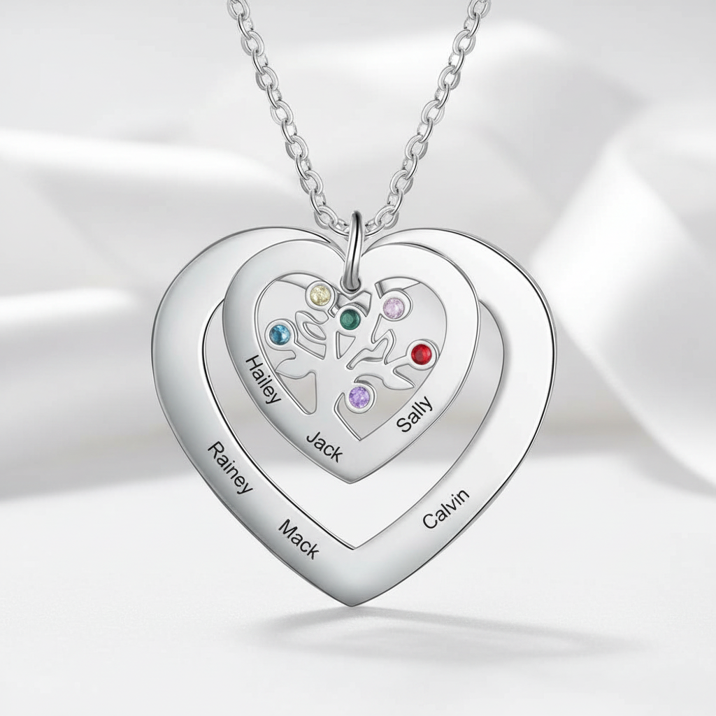 Custom Engraved Name Tree of Life Necklace with 6 Birthstones-Black Diamonds New York