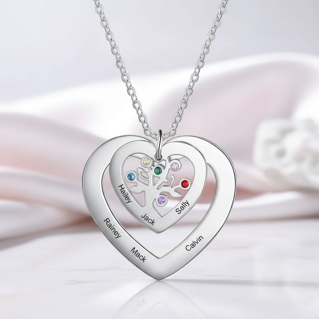 Custom Engraved Name Tree of Life Necklace with 6 Birthstones-Black Diamonds New York
