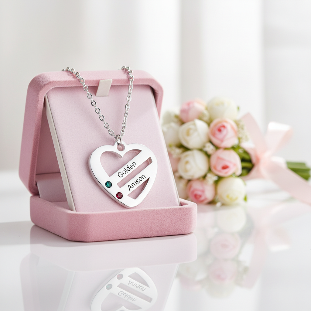 Custom Engraving 2-4 Names Heart Necklace-Black Diamonds New York