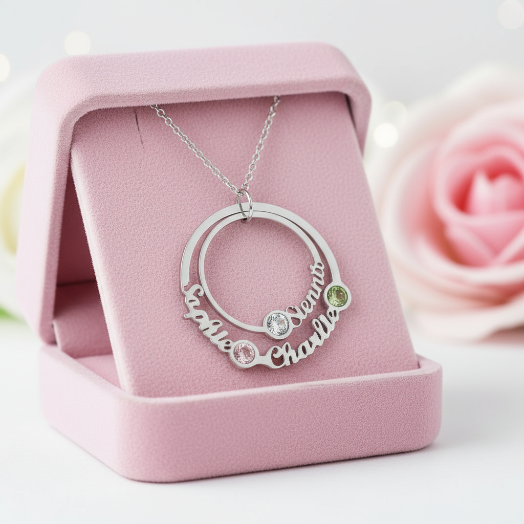 Custom Name Circle Necklace with 3 Birthstones-Black Diamonds New York