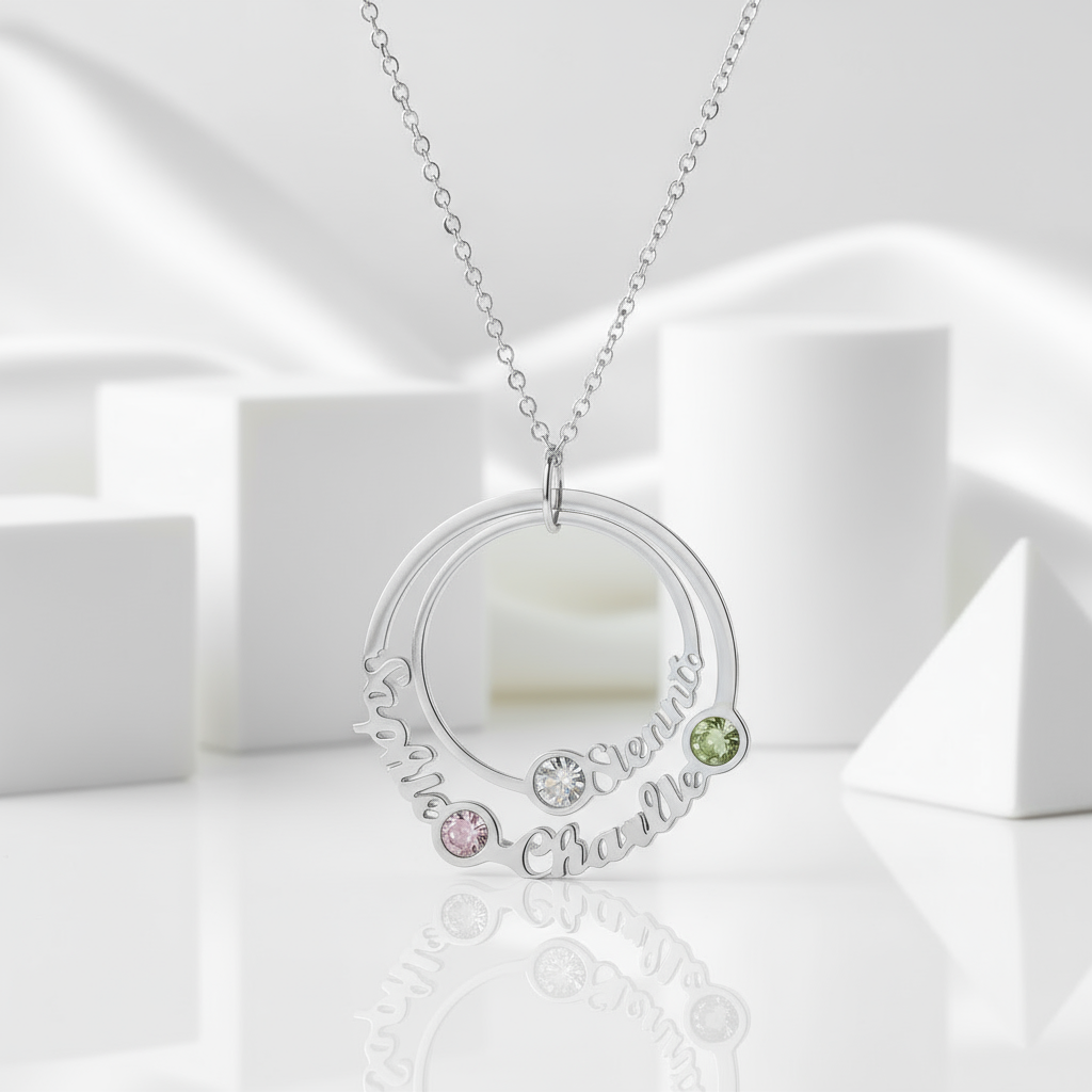 Custom Name Circle Necklace with 3 Birthstones-Black Diamonds New York