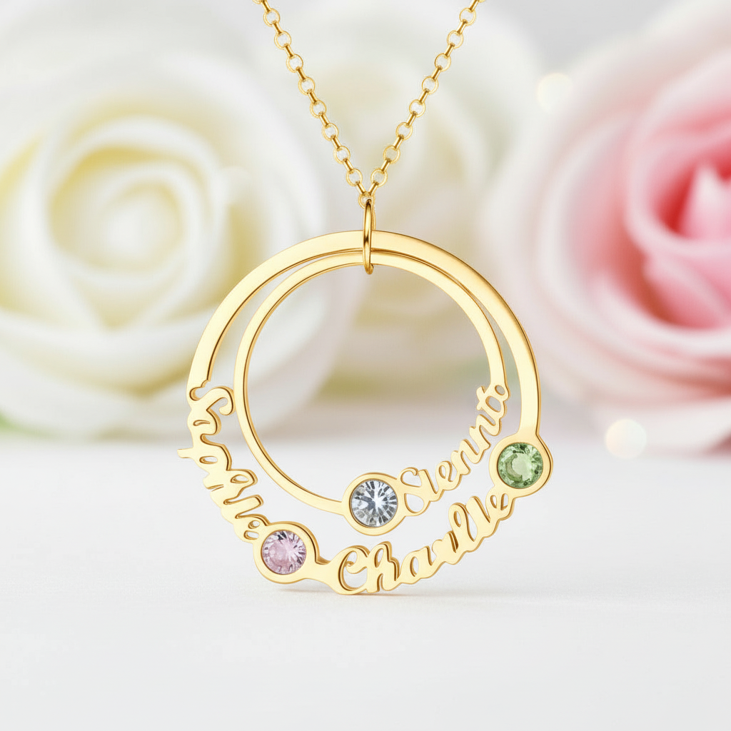 Custom Name Circle Necklace with 3 Birthstones-Black Diamonds New York