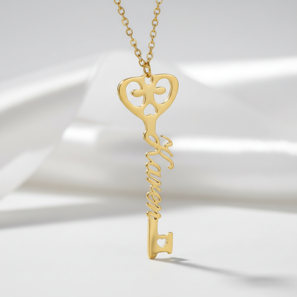 Custom Name Key Pendant Necklace-Black Diamonds New York