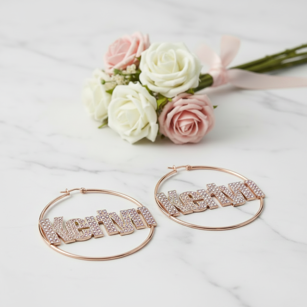 Custom Name with Diamond Option Hoop Earrings-Black Diamonds New York
