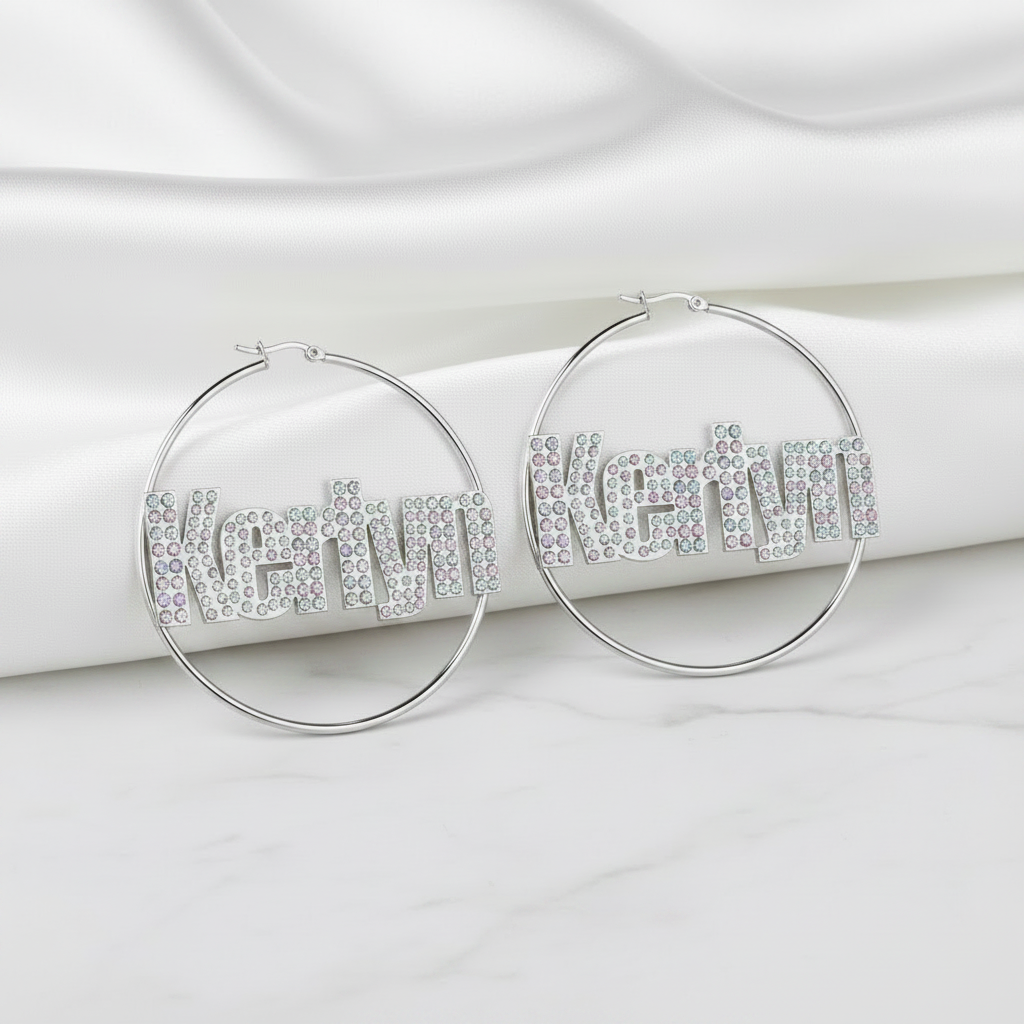 Custom Name with Diamond Option Hoop Earrings-Black Diamonds New York