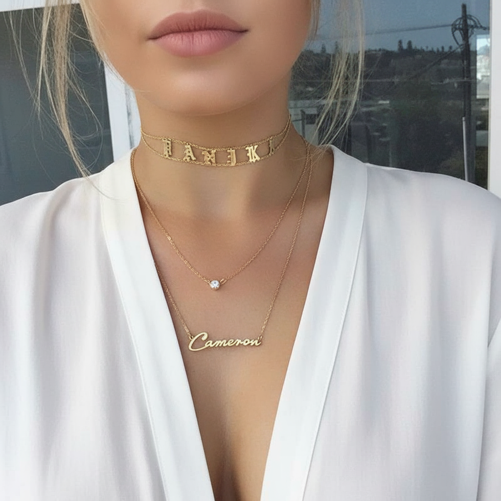 Custom Nameplate Old English Choker-Black Diamonds New York