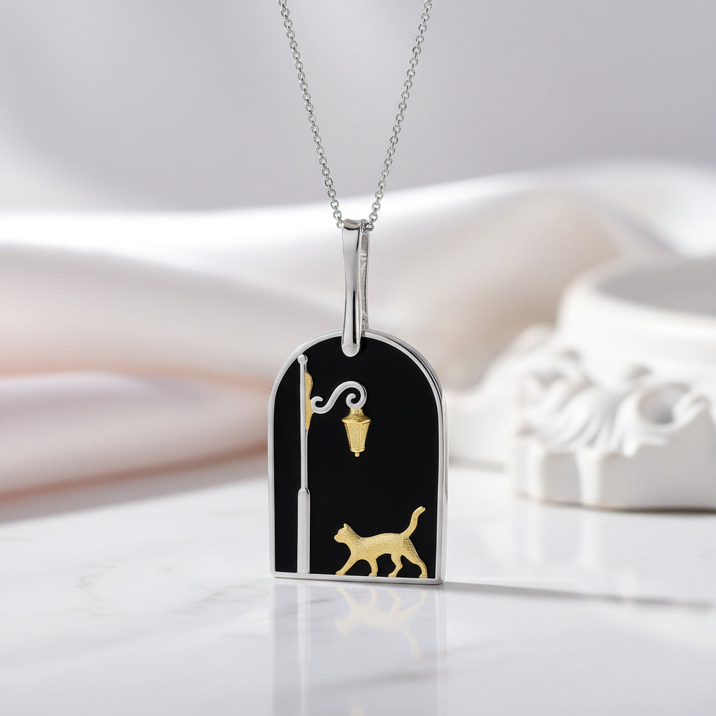 Cute Cat under the Street Lamp Necklace-Black Diamonds New York