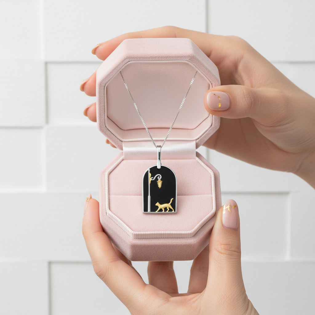 Cute Cat under the Street Lamp Necklace-Black Diamonds New York