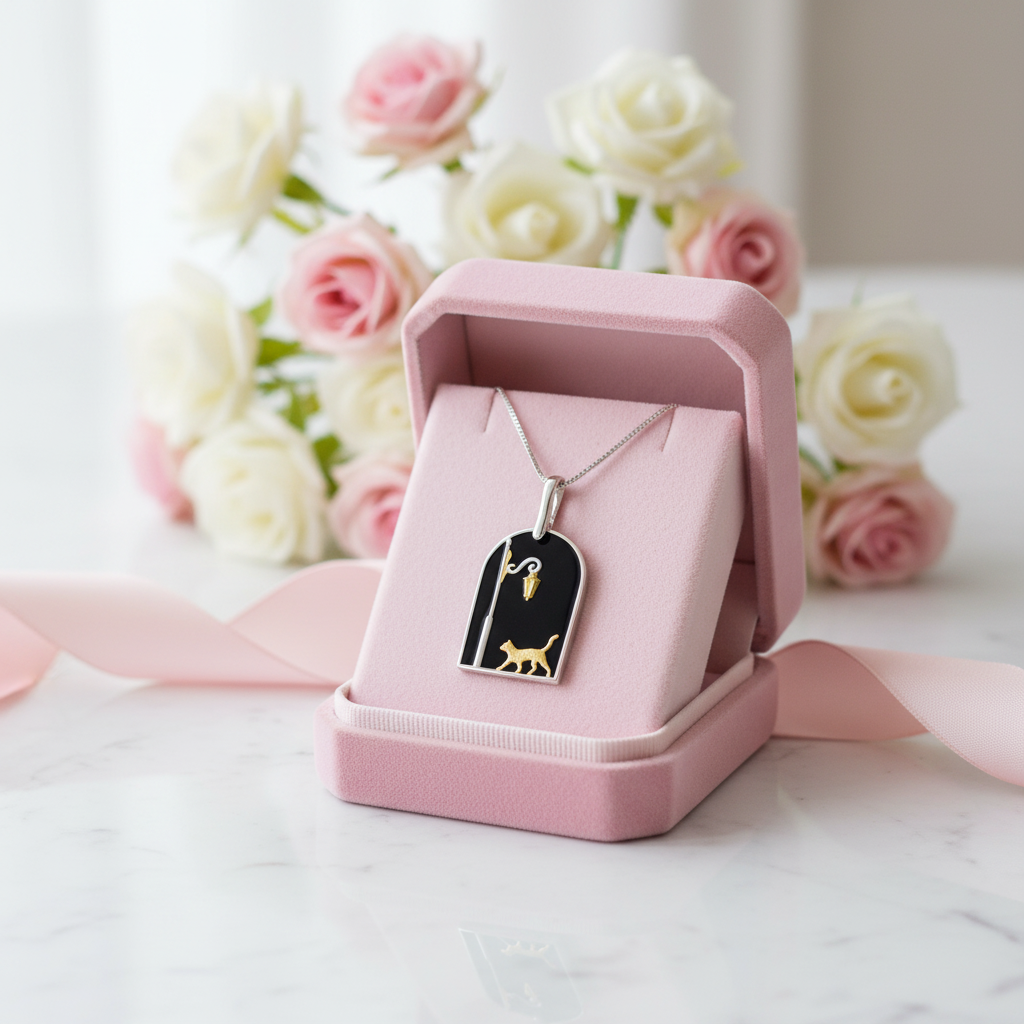 Cute Cat under the Street Lamp Necklace-Black Diamonds New York