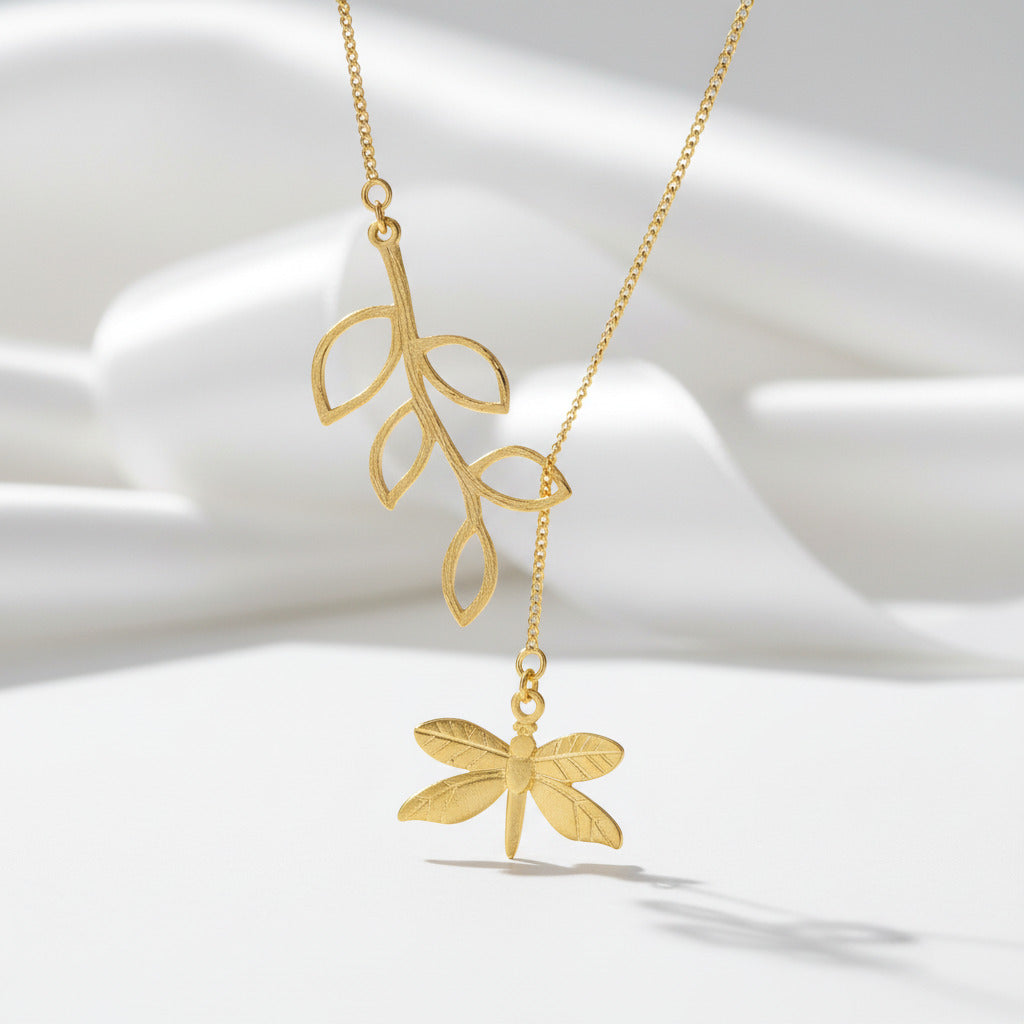 Cute Dragonfly & Leaves Necklace-Black Diamonds New York