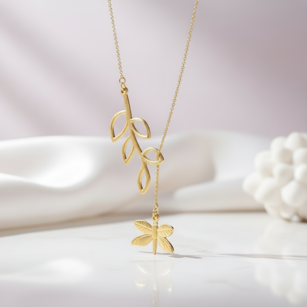 Cute Dragonfly & Leaves Necklace-Black Diamonds New York