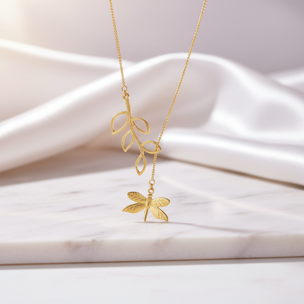 Cute Dragonfly & Leaves Necklace-Black Diamonds New York