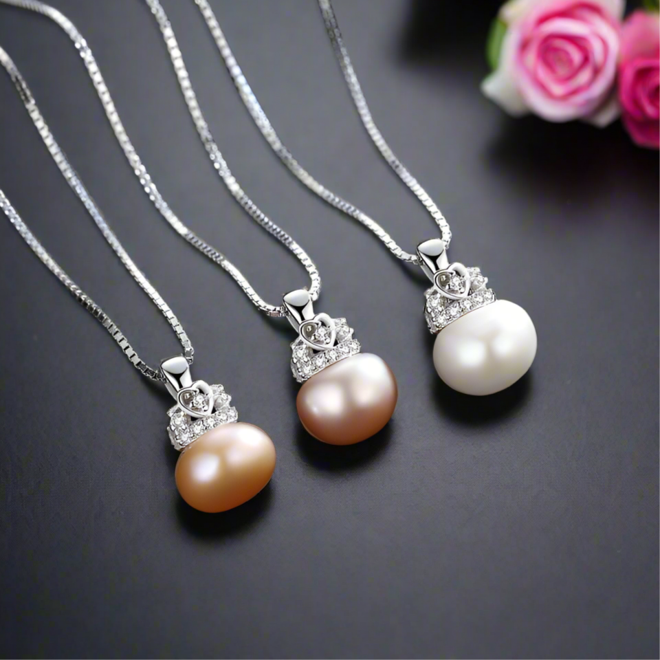 Cute Heart Crown Fresh Water Pearl Pendant Necklace-Black Diamonds New York