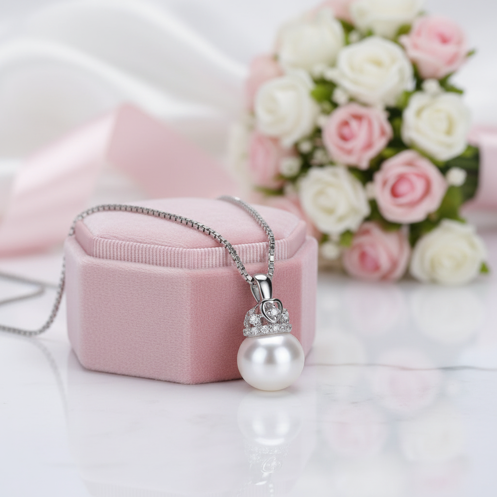 Cute Heart Crown Fresh Water Pearl Pendant Necklace-Black Diamonds New York