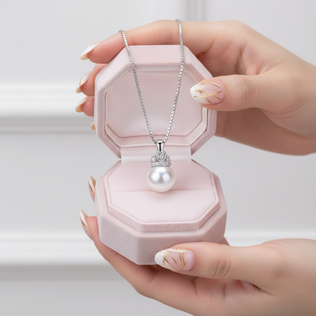 Cute Heart Crown Fresh Water Pearl Pendant Necklace-Black Diamonds New York