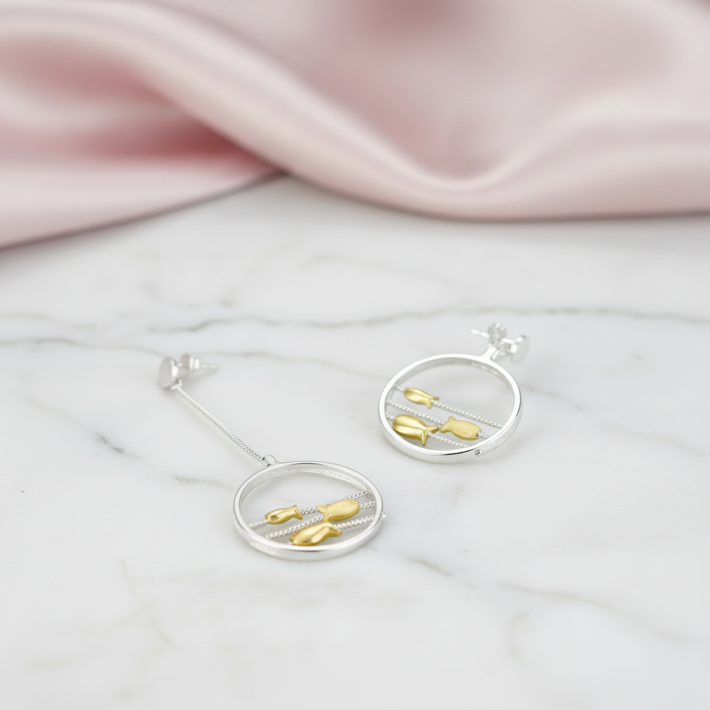 Cute Moving Happy Fishes Dangle Earrings-Black Diamonds New York