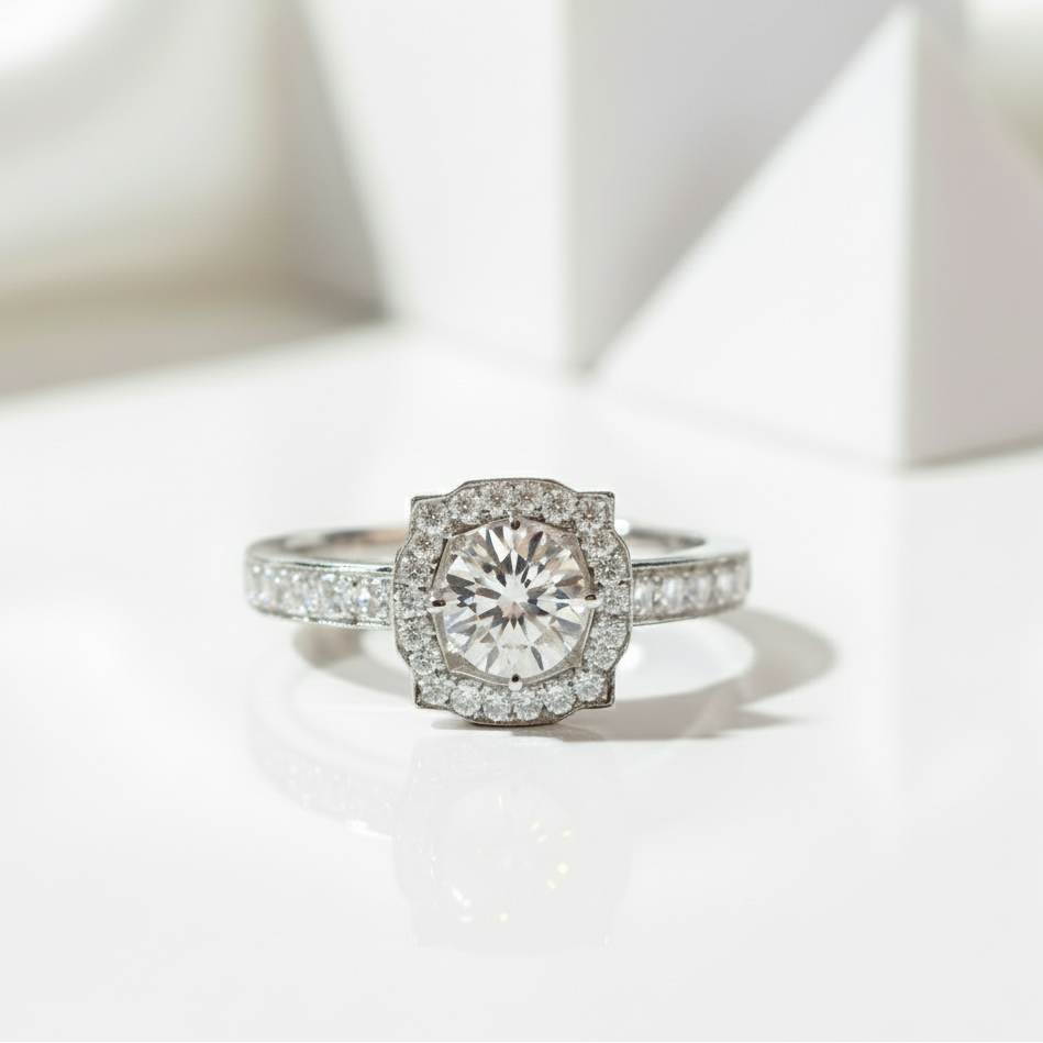 Dainty Round Cut Diamond Halo Art Deco Engagement Ring-Black Diamonds New York