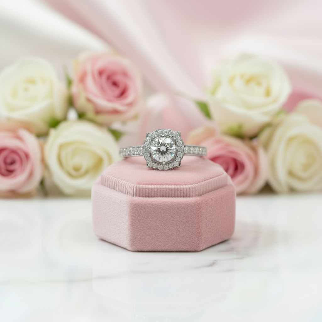 Dainty Round Cut Diamond Option Halo Art Deco Engagement Ring-Black Diamonds New York