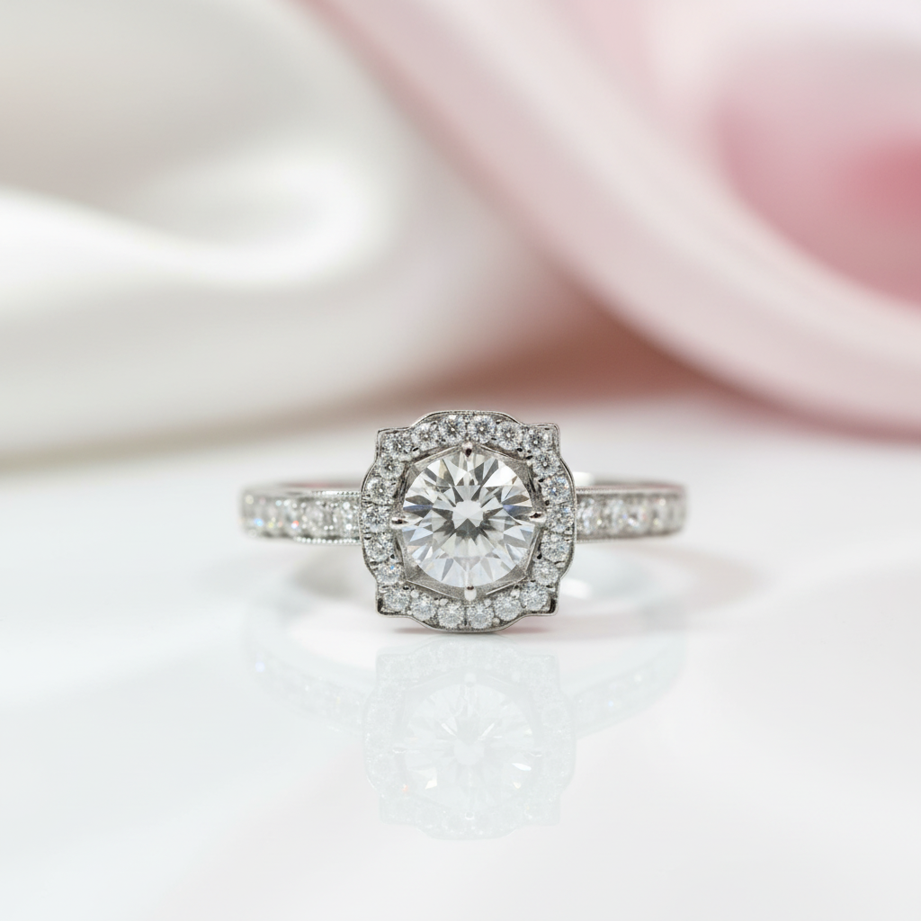 Dainty Round Cut Diamond Option Halo Art Deco Engagement Ring-Black Diamonds New York