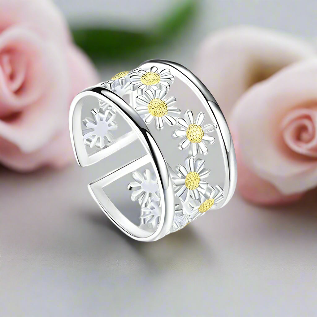 Daisy Flower Adjustable Ring-Black Diamonds New York