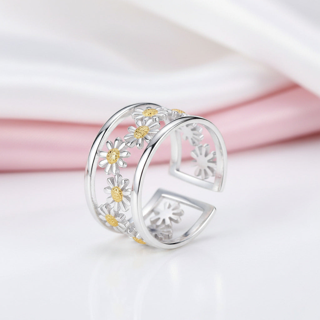 Daisy Flower Adjustable Ring-Black Diamonds New York
