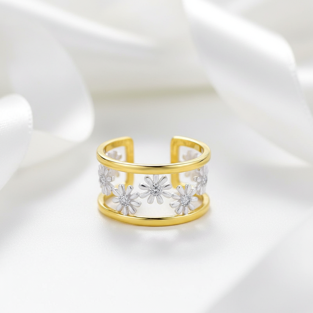 Daisy Flower Adjustable Ring-Black Diamonds New York