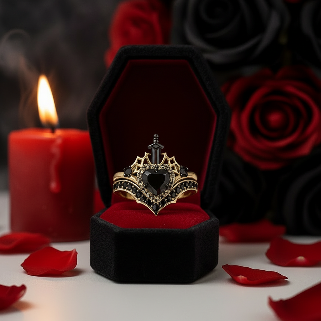 Queen of Hearts- Heart Shape Diamond Option Gothic Wedding Ring-Black Diamonds New York
