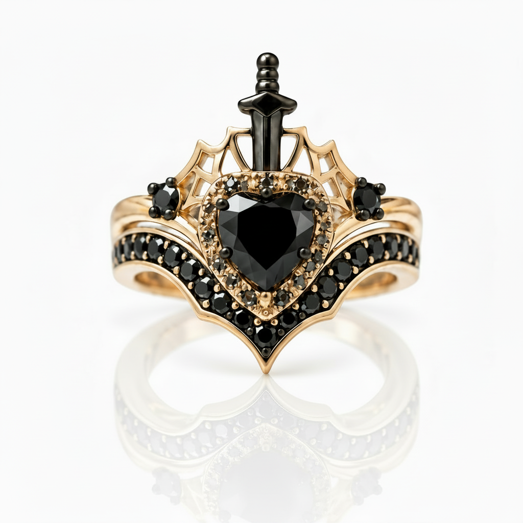 Queen of Hearts- Heart Shape Diamond Option Gothic Wedding Ring-Black Diamonds New York