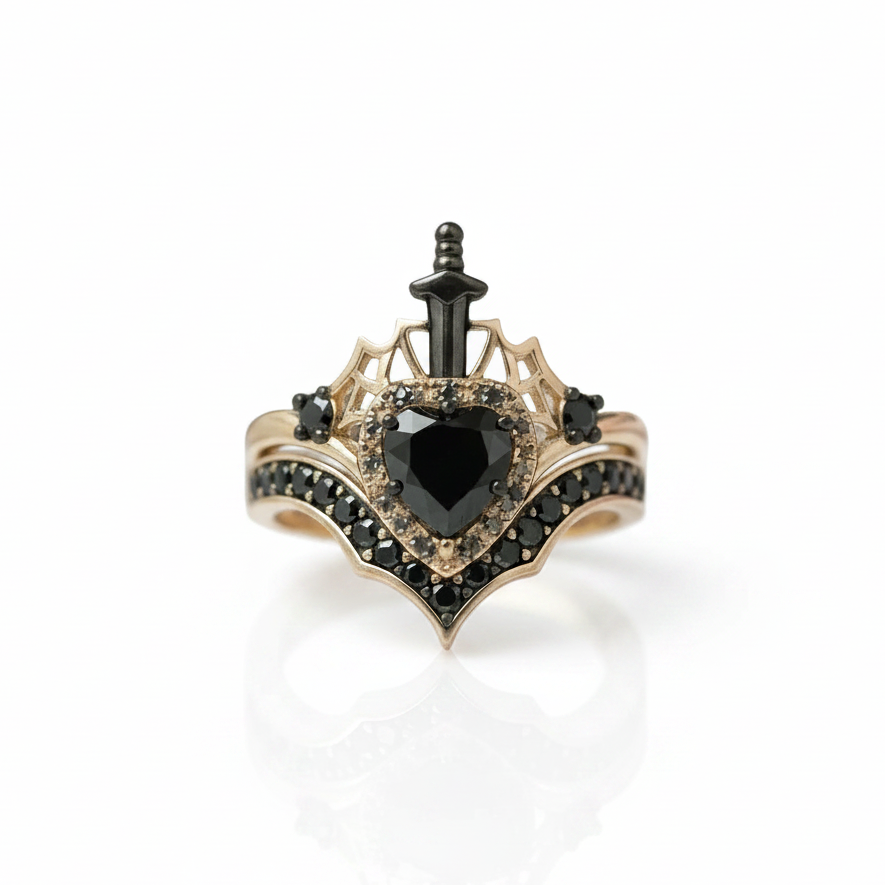 Queen of Hearts- Heart Shape Diamond Option Gothic Wedding Ring-Black Diamonds New York