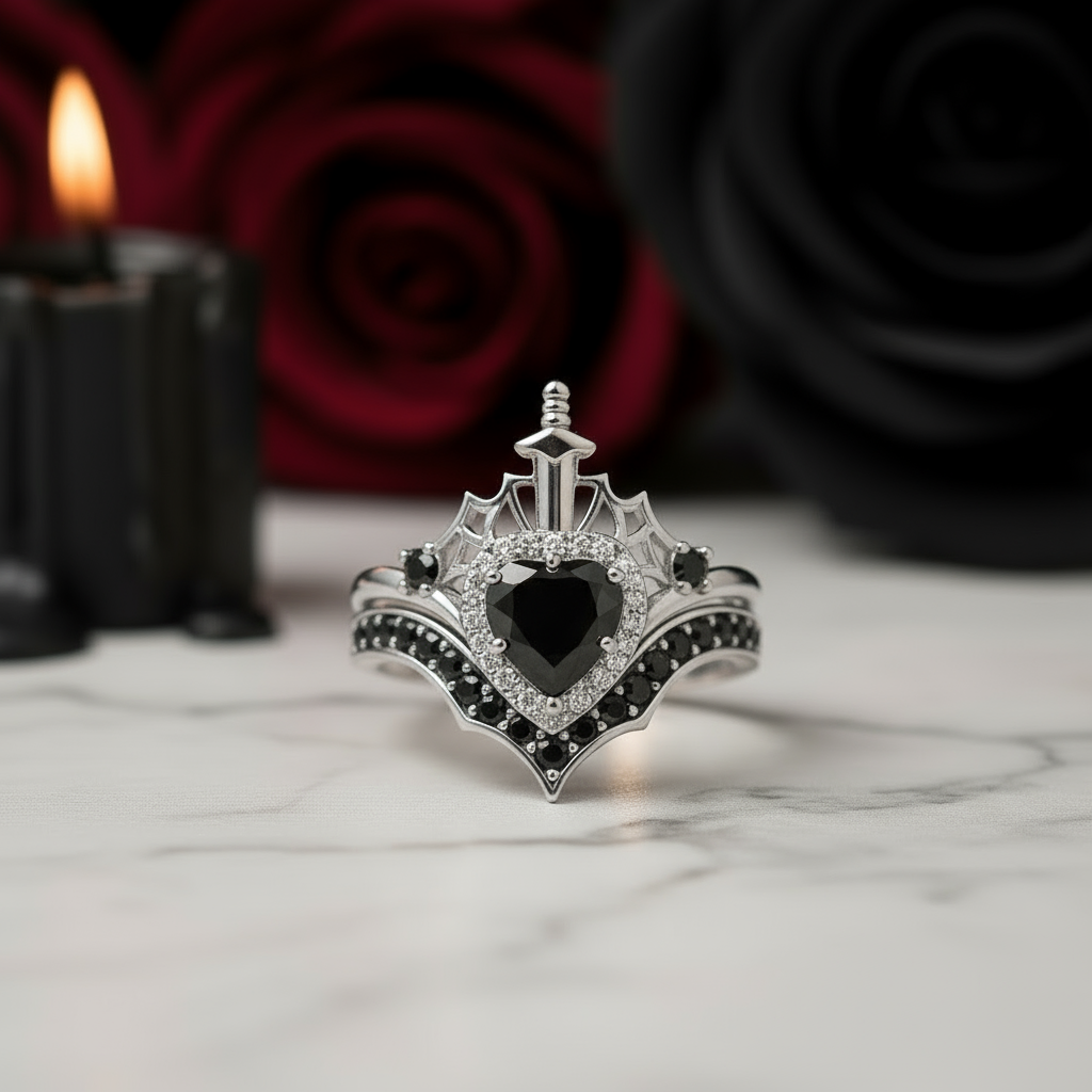Queen of Hearts- Heart Shape Diamond Gothic Wedding Ring-Black Diamonds New York