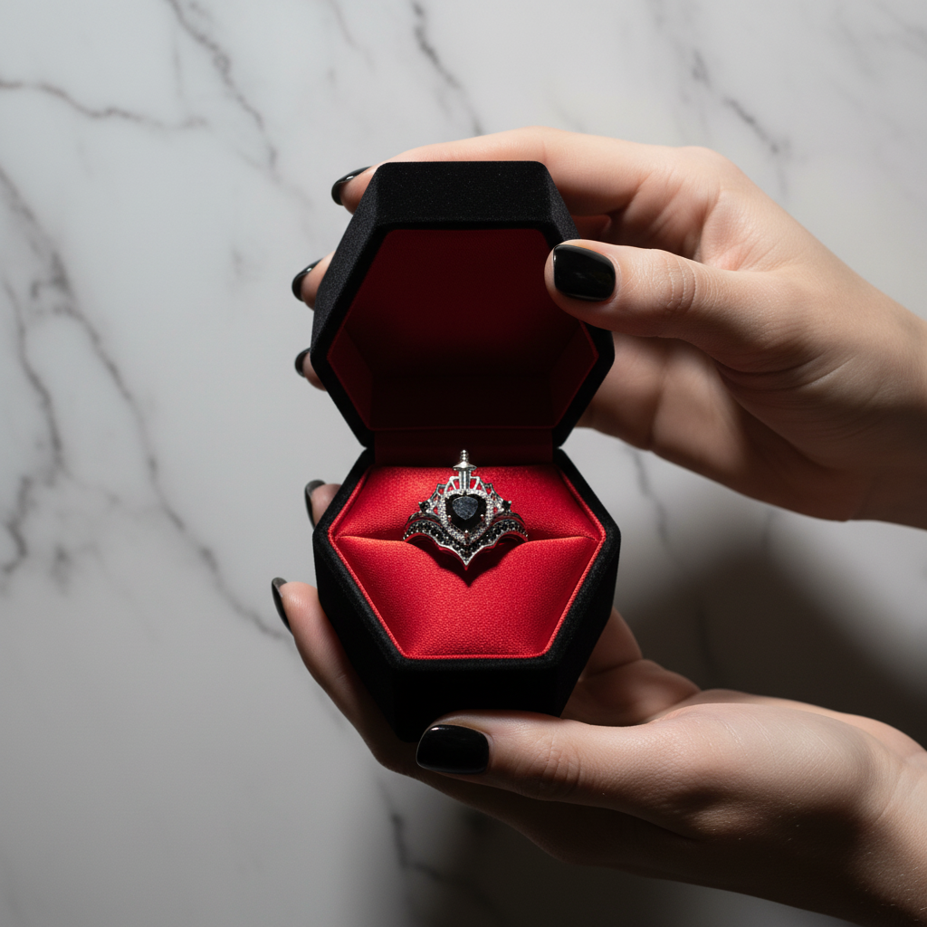 Queen of Hearts- Heart Shape Diamond Gothic Wedding Ring-Black Diamonds New York