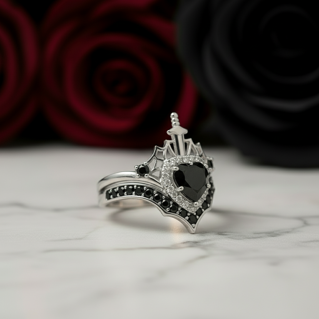 Queen of Hearts- Heart Shape Diamond Gothic Wedding Ring-Black Diamonds New York