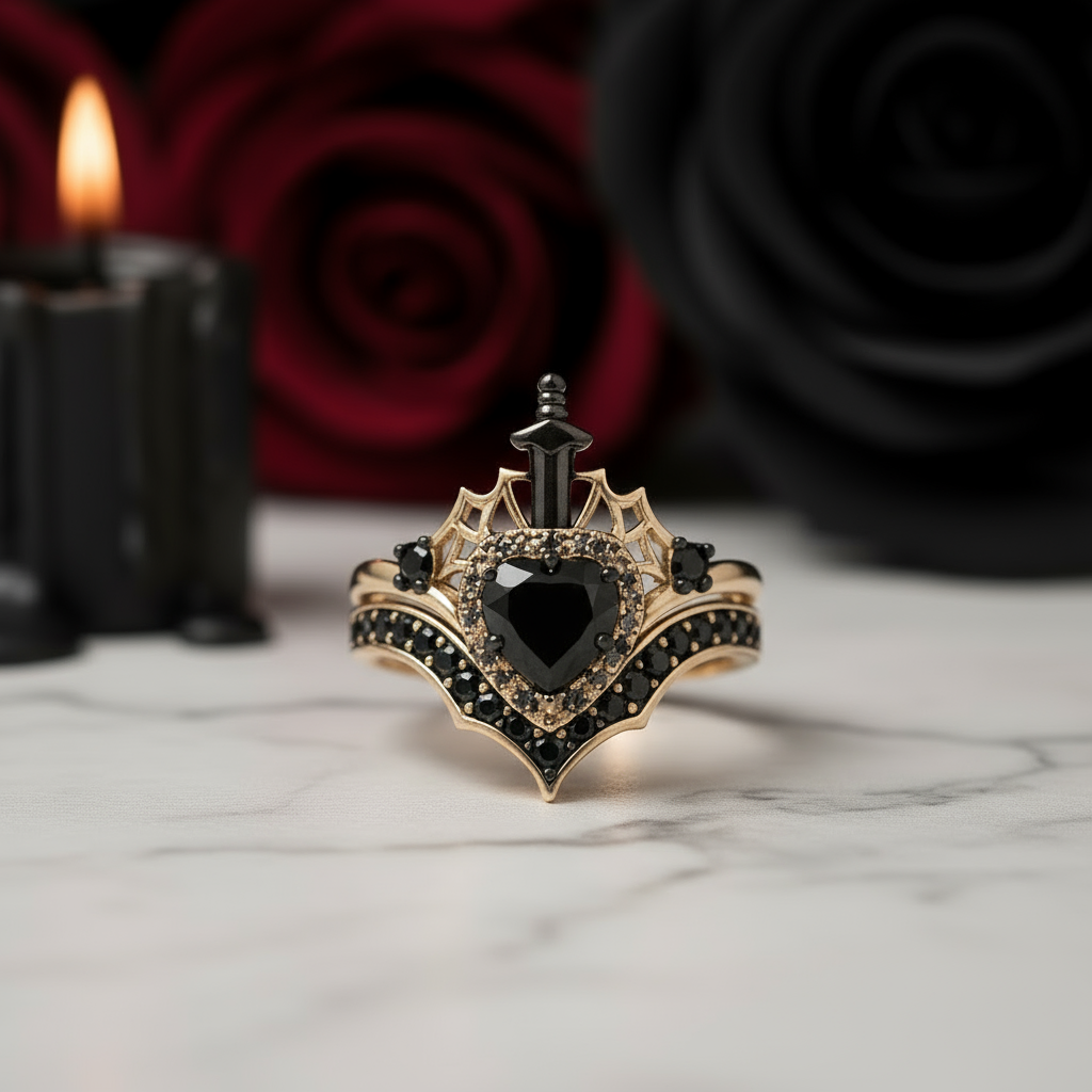 Queen of Hearts- Heart Shape Diamond Option Gothic Wedding Ring-Black Diamonds New York