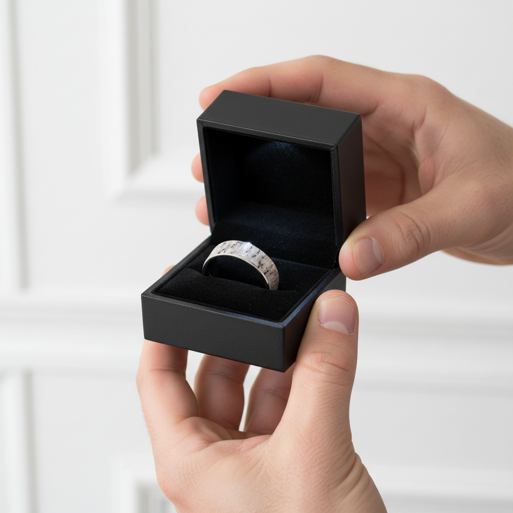 Person holding a black jewelry box with a silver ring inside against a white background