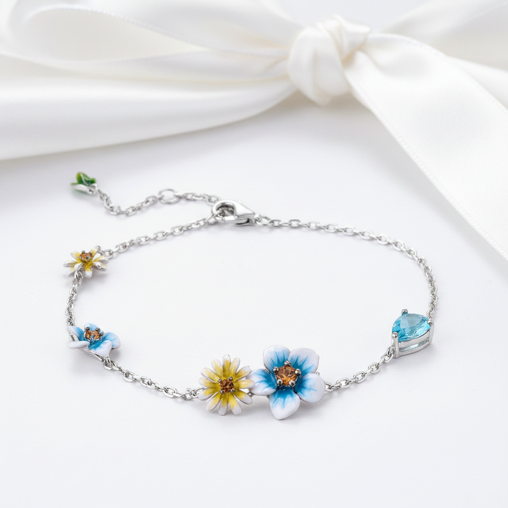 Delicate Blooming Flower Adjustable Bracelet-Black Diamonds New York