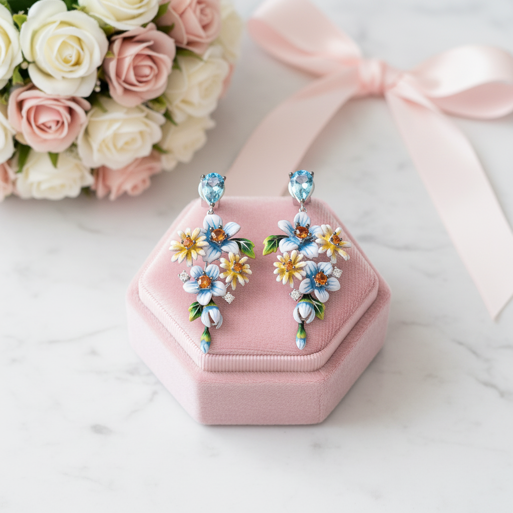 Delicate Blue & Yellow Enamel Flower Earrings with Diamond Option-Black Diamonds New York