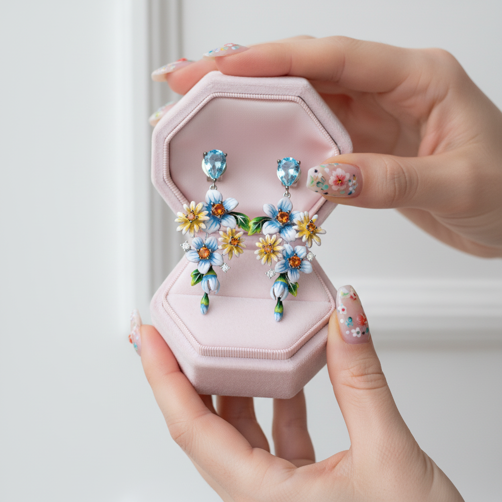 Delicate Blue & Yellow Enamel Flower Earrings with Diamond Option-Black Diamonds New York