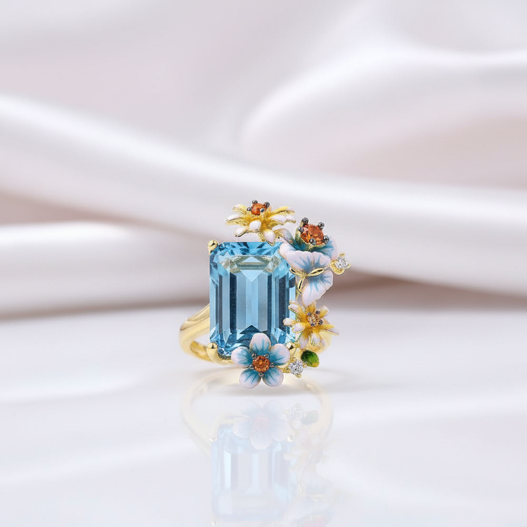Delicate Enamel Butterfly & Flower Ring-Black Diamonds New York
