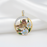Delicate Enamel Sparrow & Flower Pendant-Black Diamonds New York