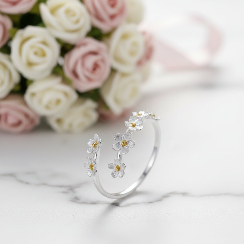 Delicate Forget-Me-Not Flower Adjustable Ring-Black Diamonds New York