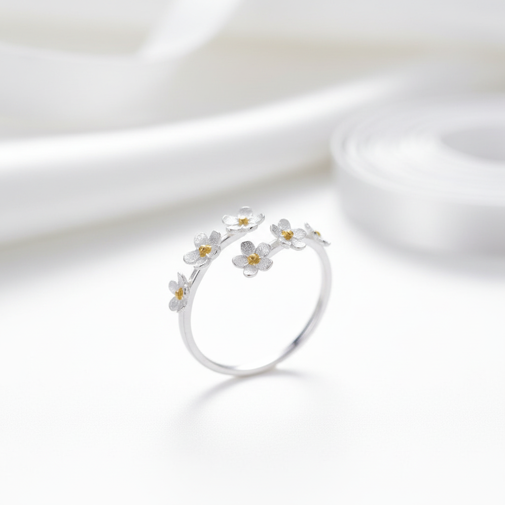 Delicate Forget-Me-Not Flower Adjustable Ring-Black Diamonds New York