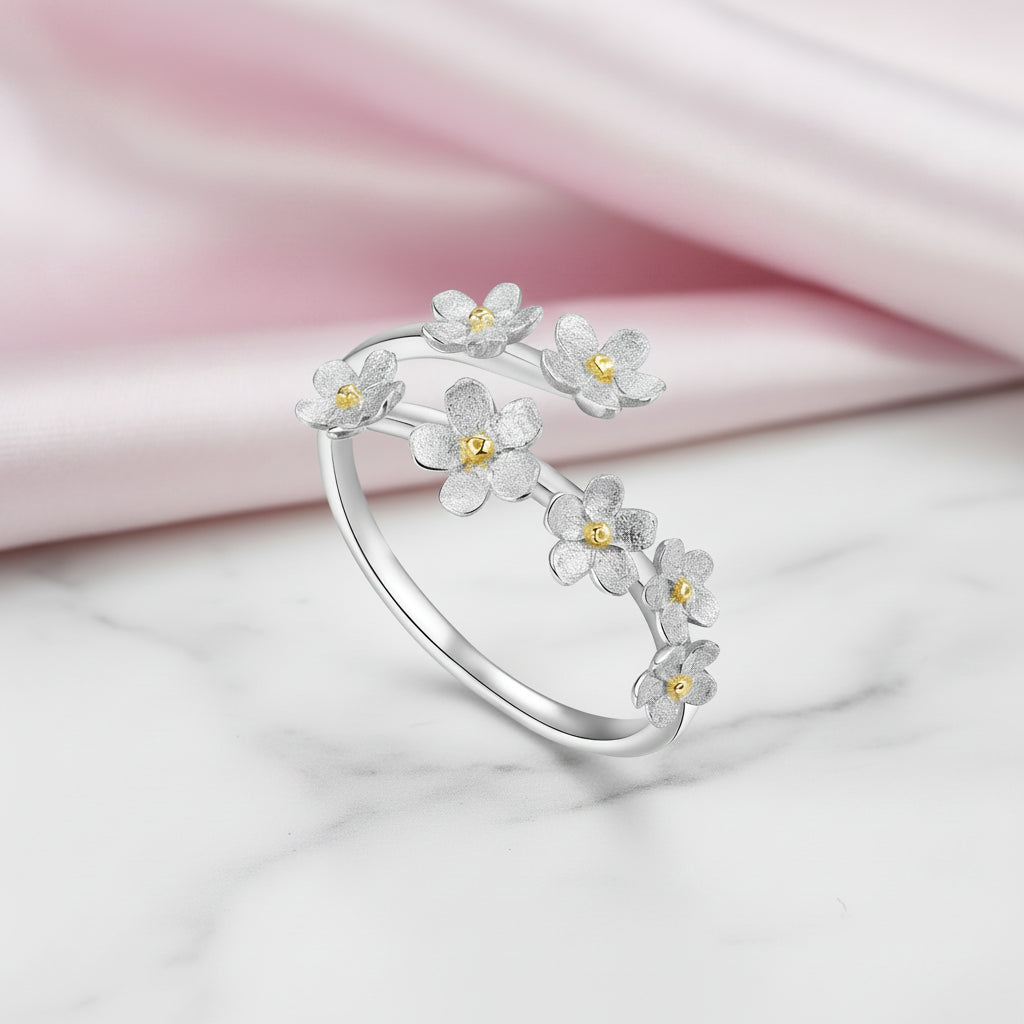 Delicate Forget-Me-Not Flower Adjustable Ring-Black Diamonds New York