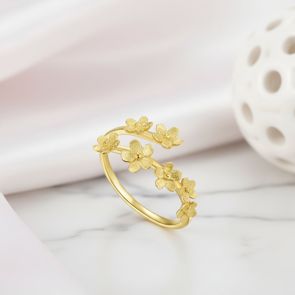 Delicate Forget-Me-Not Flower Adjustable Ring-Black Diamonds New York