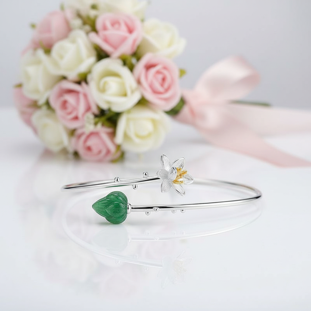 Delicate Lotus Whisper Design Bangle-Black Diamonds New York