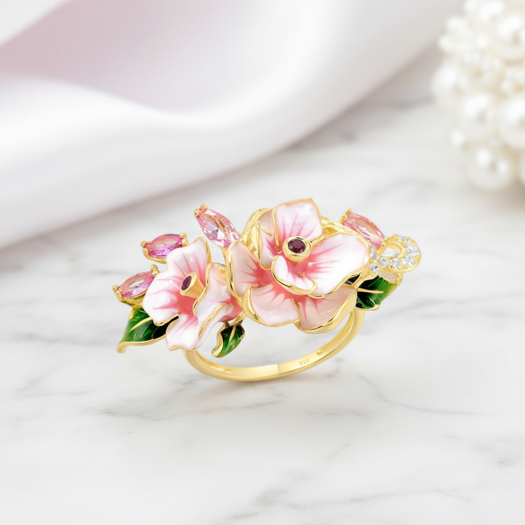 Delicate Red & Pink Enamel Flower Ring with Diamond Option-Black Diamonds New York