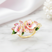 Delicate Red & Pink Enamel Flower Ring with Diamond Option-Black Diamonds New York